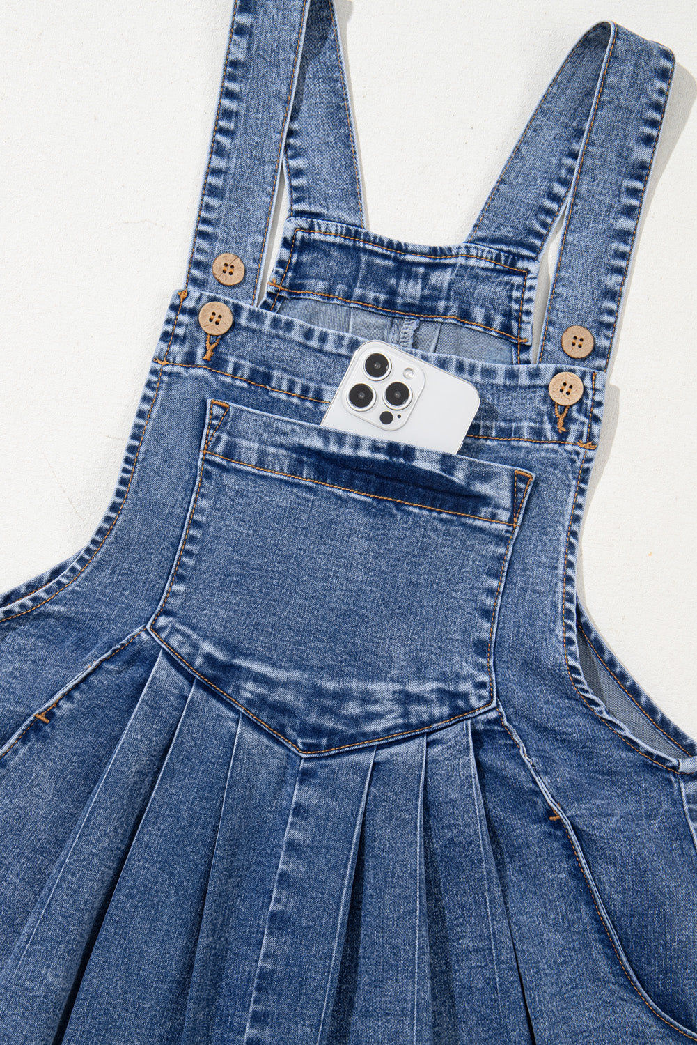 Light Blue Mineral Wash Buttoned Straps Wide Leg Denim Overalls