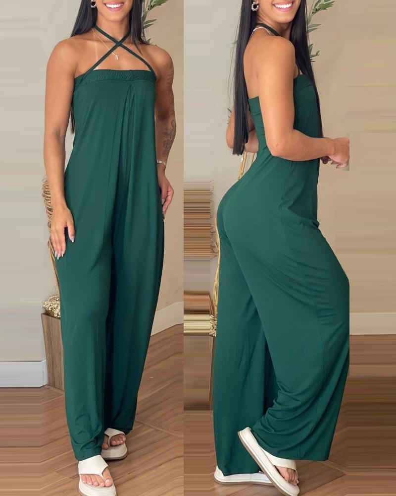 Criss Cross Bandeau Sleeveless Ruched Jumpsuit Casual Wide Leg Romper