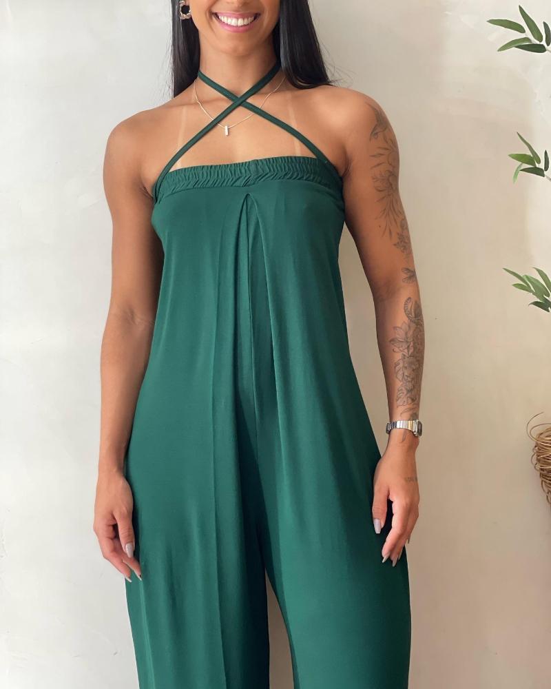 Criss Cross Bandeau Sleeveless Ruched Jumpsuit Casual Wide Leg Romper