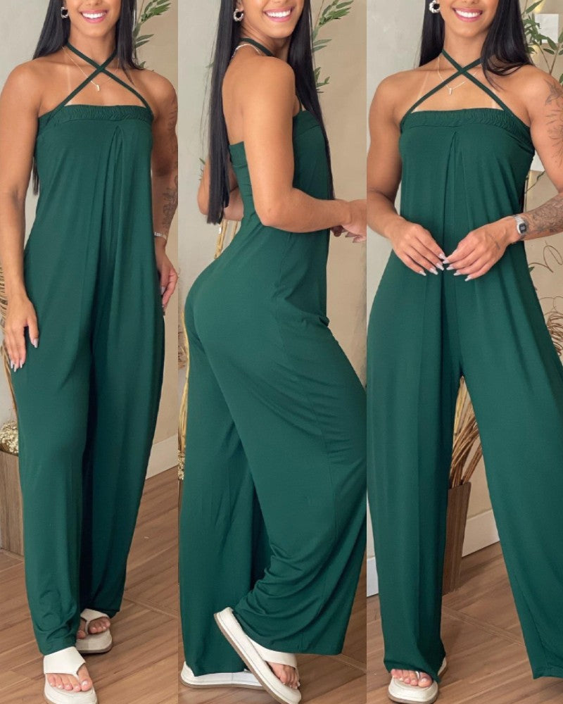 Criss Cross Bandeau Sleeveless Ruched Jumpsuit Casual Wide Leg Romper