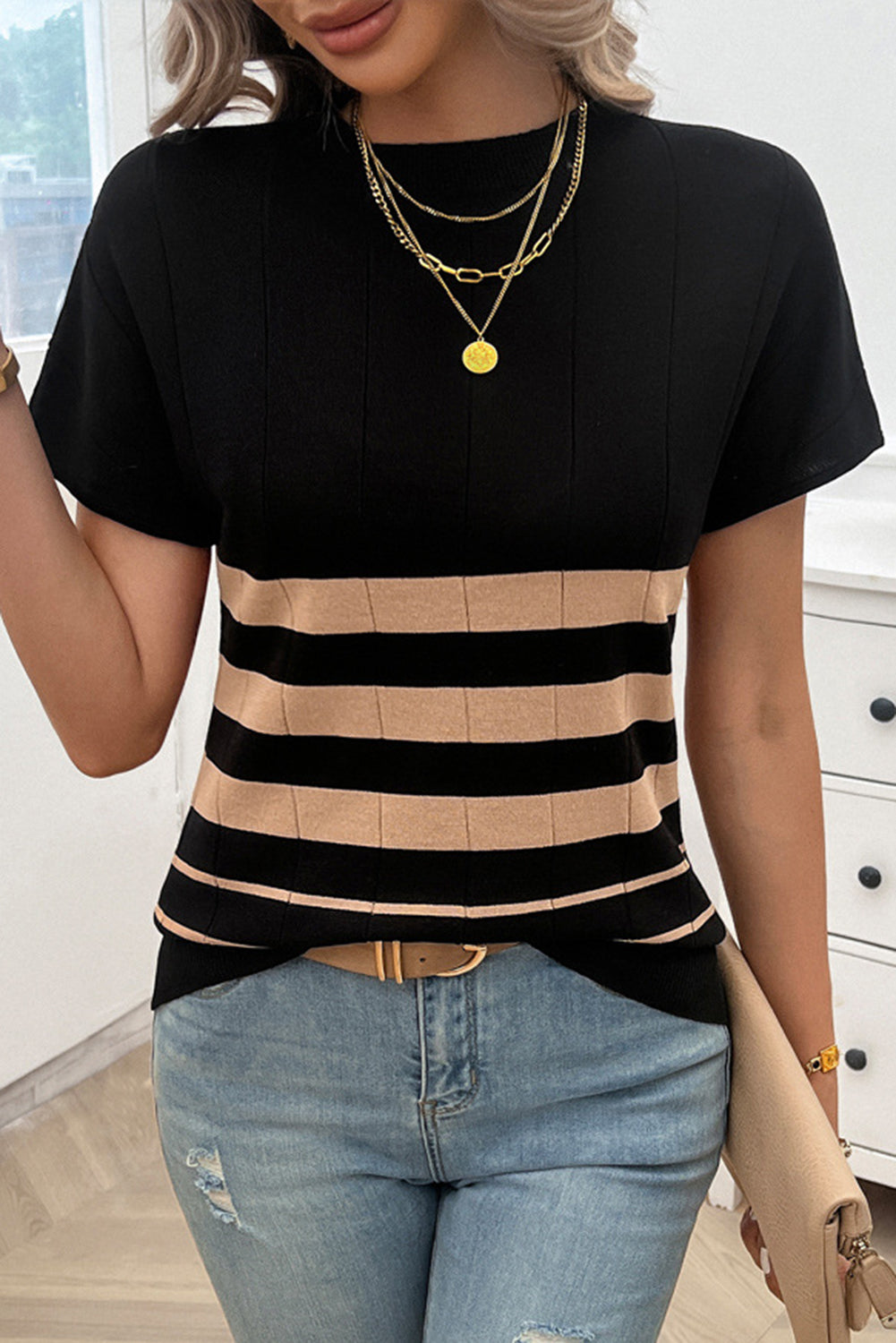 Black Striped Crew Neck Sweater T-shirt