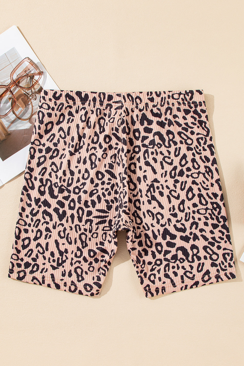 Khaki Leopard Print Ribbed Textured Knit Biker Shorts