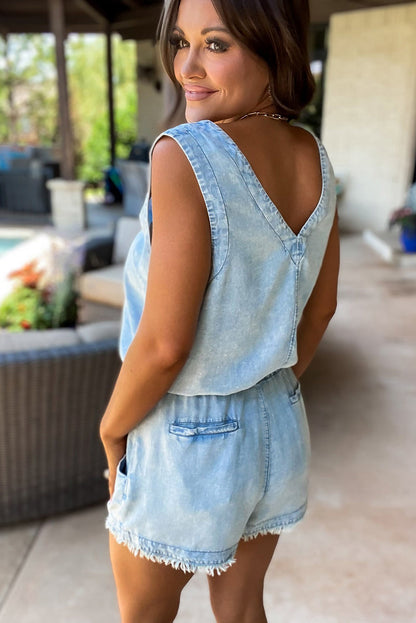 Beau Blue Studded V Neck Raw Hem Sleeveless Denim Romper