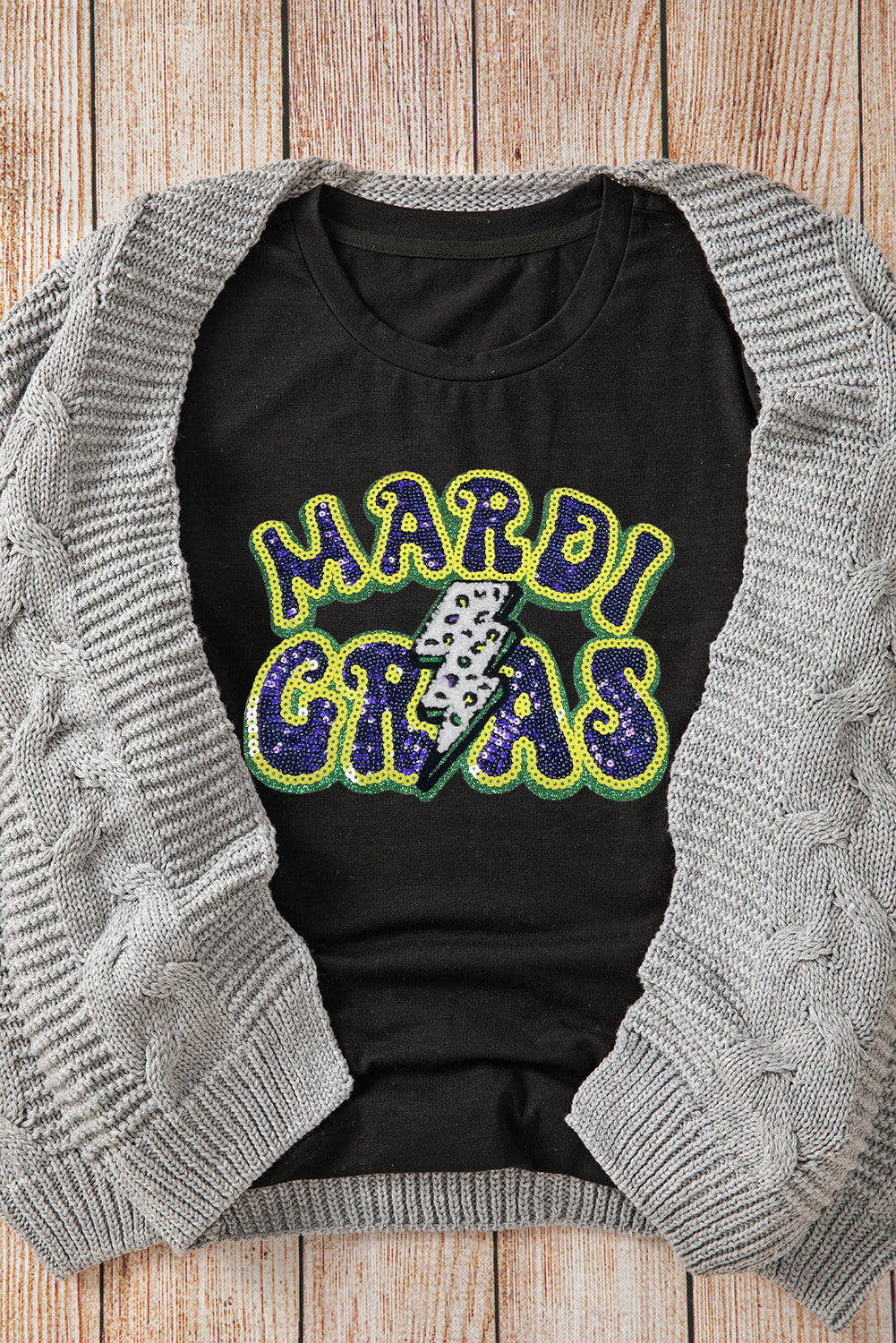 Black MARDI GRAS Lightning Graphic Short Sleeve Top