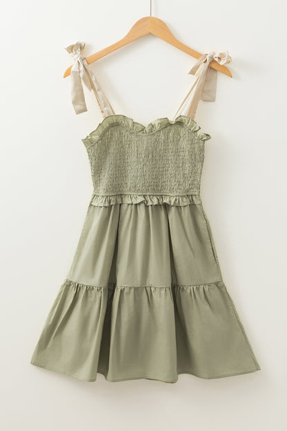 Laurel Green Smocked Bodice Self-tie Straps A-line Ruffled Mini Dress