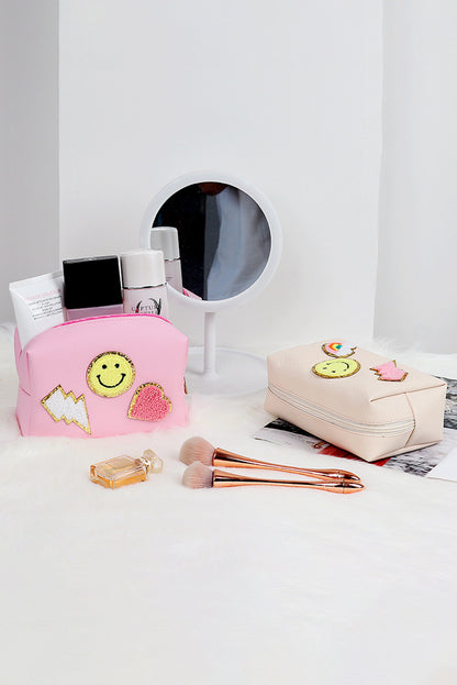 Pink Smiley Face Chenille Patched PU Zipper Makeup Bag