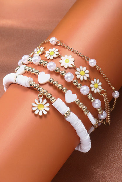 White Daisy Heart Pearl Beaded Multi Layer Bracelet Set