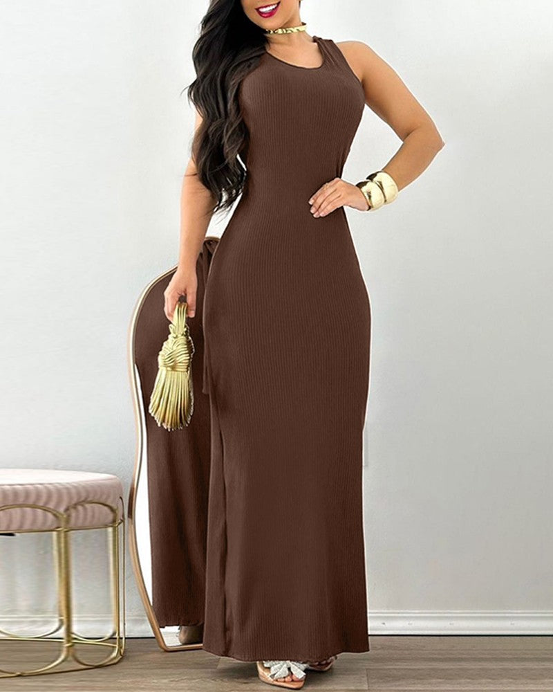 U Neck Sleeveless Tied Detail Maxi Dress Casual Backless Slim Fit Dress