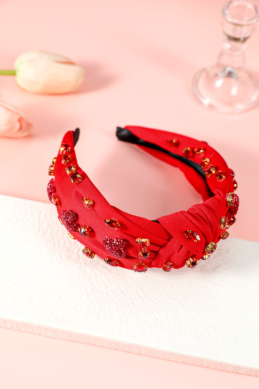 Fiery Red Rhinestone Heart Glass Drill Studded Knotted Wide Headband