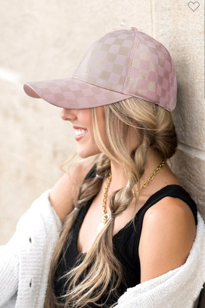 Light Pink Checkered Print Adjustable Baseball Cap