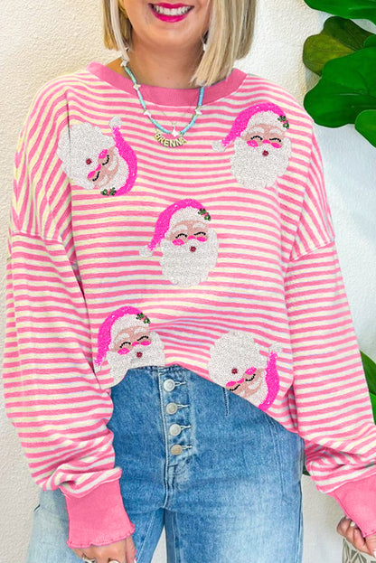 Pink Stripe Santa Clause Print Drop Shoulder Long Sleeve Loose Top