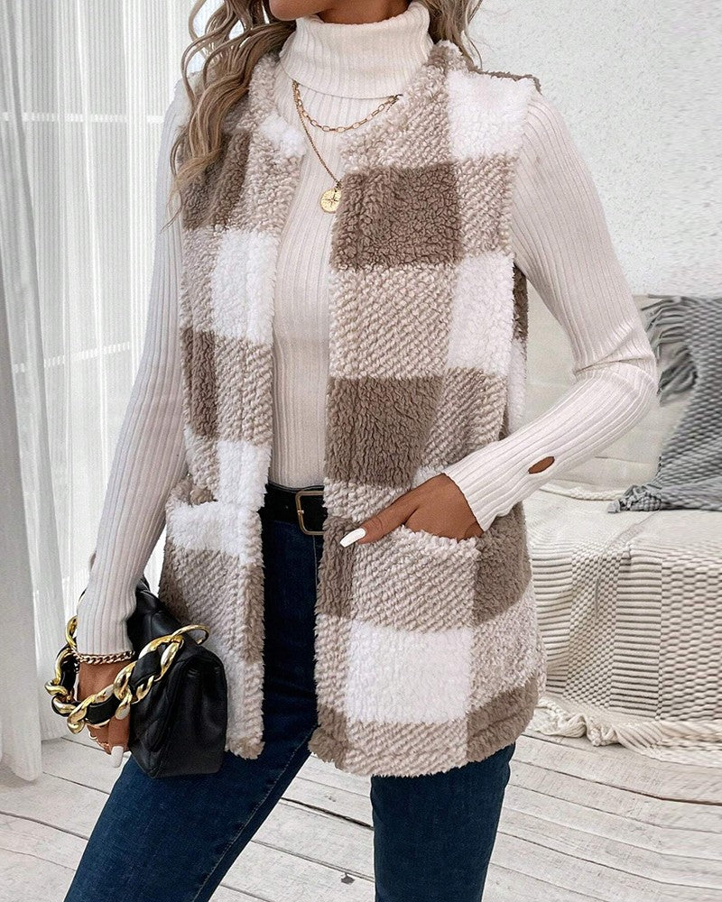 Plaid Pattern Pocket Design Teddy Vest Coat