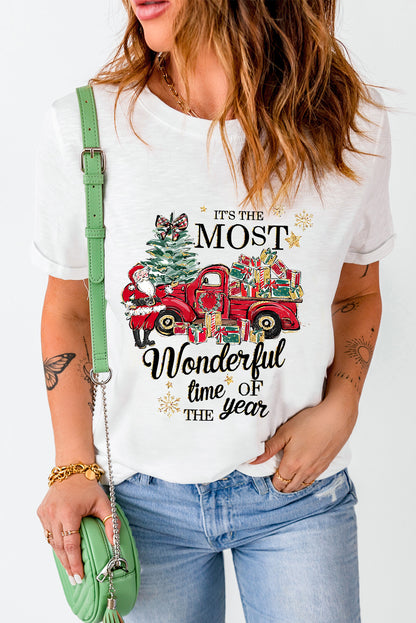 White Christmas Pattern Slogan Print Crew Neck T Shirt