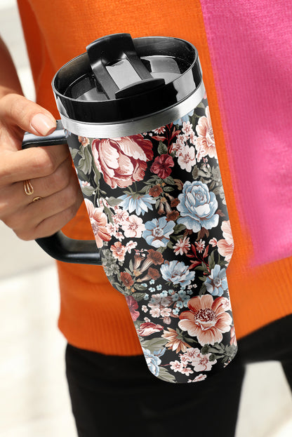 Color black Floral Print Stainless Steel Large Portable Cup 40oz