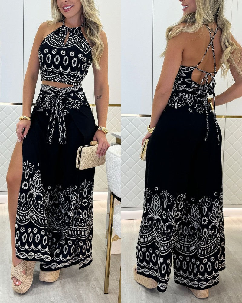 2 Pieces Outfits Tribal Print Keyhole Neck Sleeveless Top and Wide Leg Tied Detail Slit Pants Sets