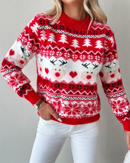 Christmas Trees Reindeer Heart Pattern Knit Sweater