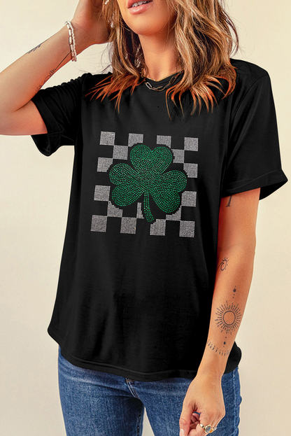 Black Clover Checkered Rhinestone Crew Neck T Shirt