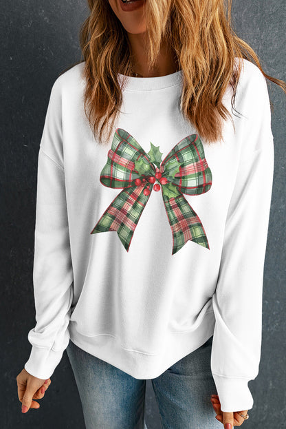 Beige Holly Plaid Bow Graphic Christmas Themed Sweatshirt