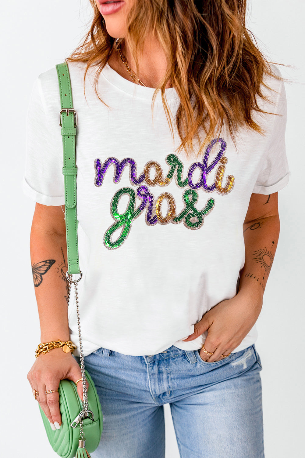 White Sequin mardi gras Graphic Plus Size T Shirt