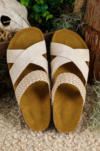 Beige Braided Detail Criss Cross Platform Slippers