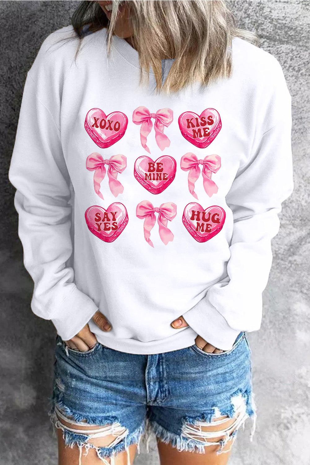 White Valentine Candy Heart & Bow Graphic Sweatshirt