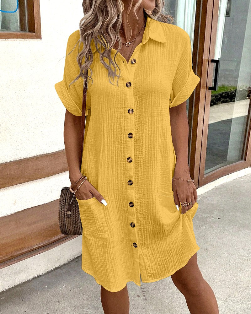 Buttoned Pocket Design Casual Shirt Dress