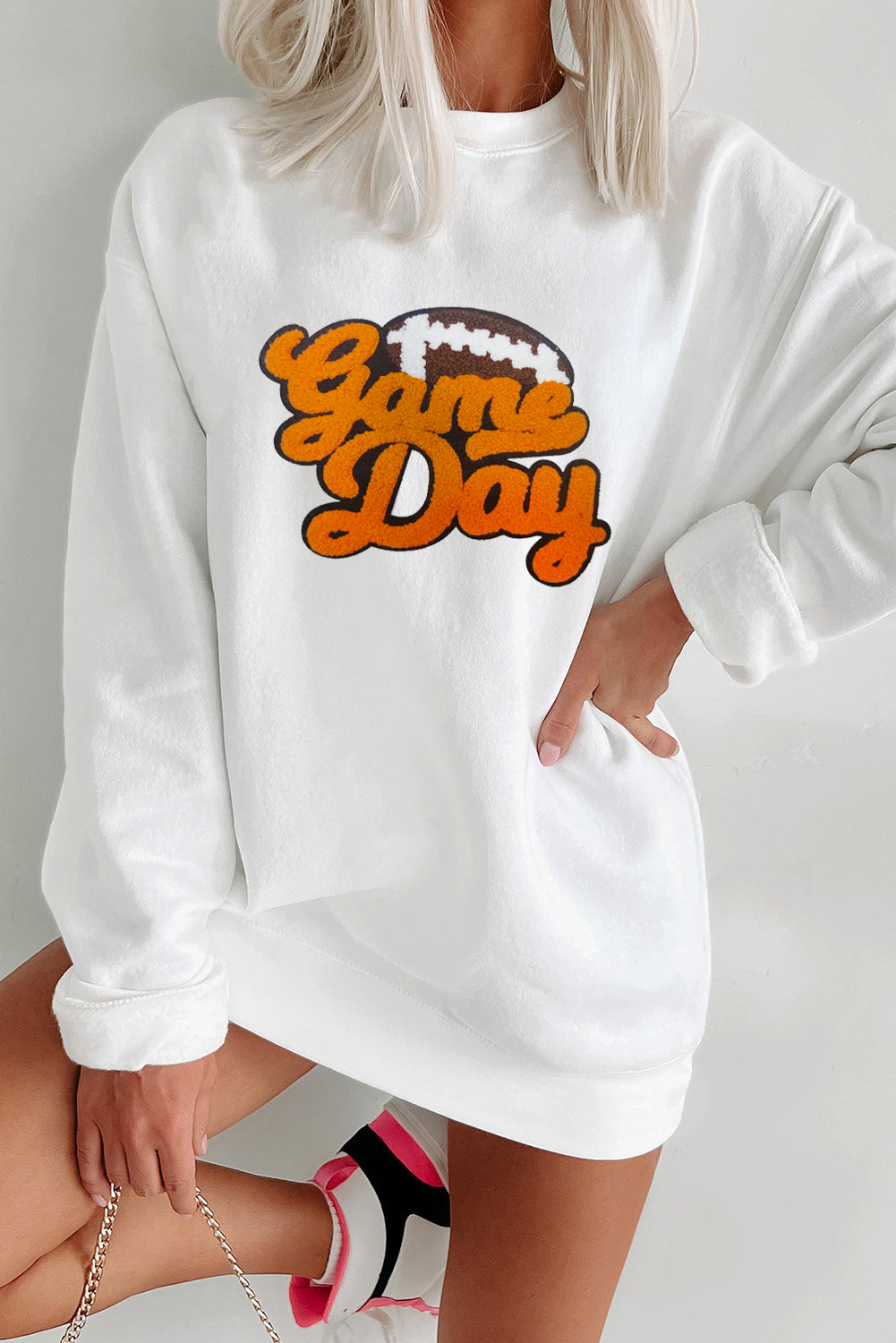 White Chenille Game Day Rugby Football Pattern Pullover Sweatshirt