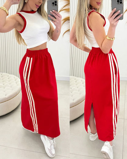 2 Piece Crewneck Sleeveless Contrast Binding Tank Top Striped Slit Skirt with Pockets Tracksuit Set