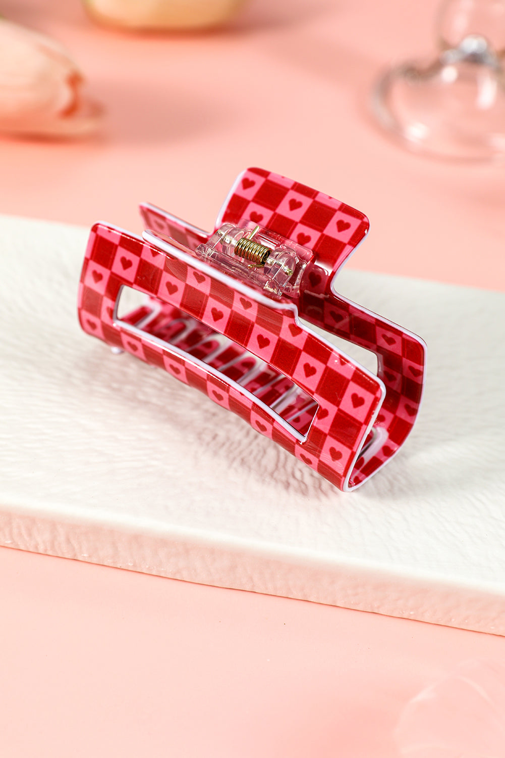 Racing Red Heart Checkered Print Cut Out Hair Claw Clip