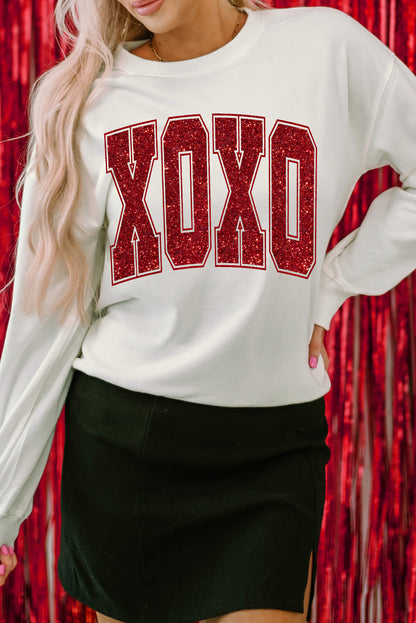 White Glitter XOXO Graphic Crewneck Valentines Pullover Sweatshirt