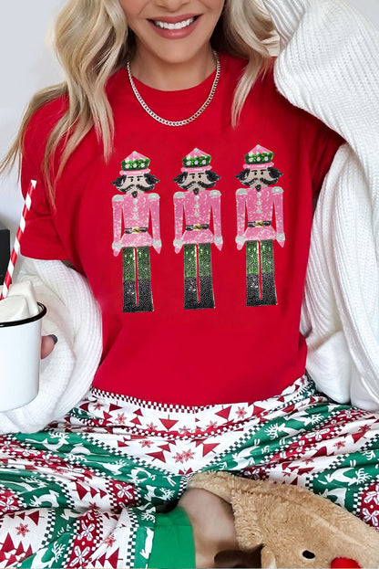 Red Sequined Christmas Nutcracker Pattern Crew Neck Graphic Tee