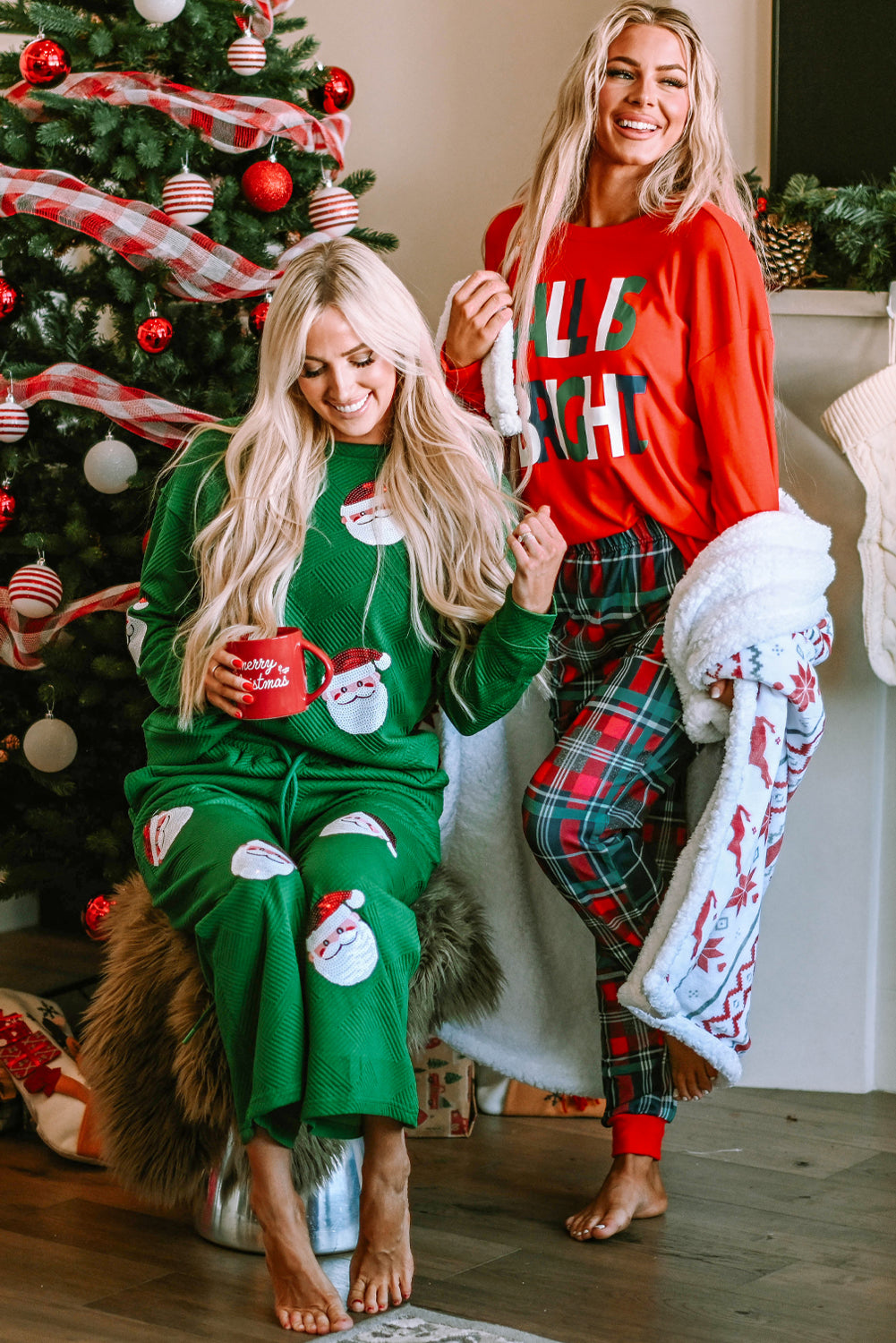 Multicolor ALL IS BRIGHT Graphic Christmas Plaid Pajamas Set