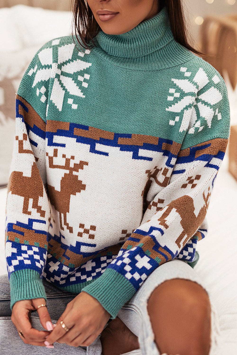 Canton Christmas Reindeer Snowflake Colorblock Turtleneck Sweater