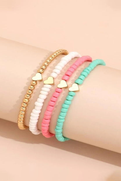 Pink Heart Beaded Multi Layered Bracelet Set