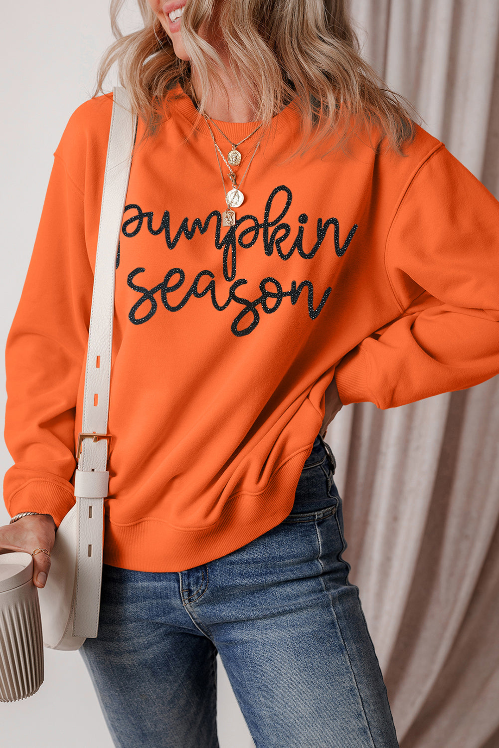 Russet Orange Glittering Pumpkin Season Graphic Drop Shoulder Pullover Sweatshirt