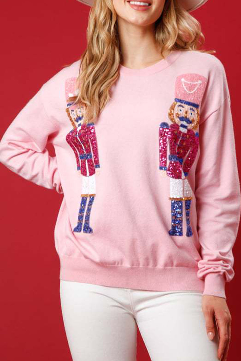 Pink Sequin Nutcracker Christmas Crew Neck Sweatshirt