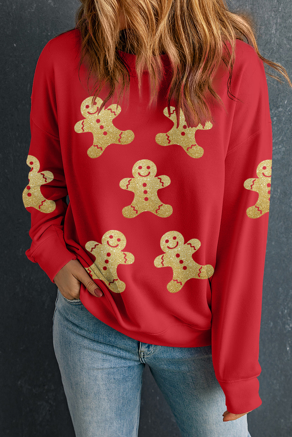 Red Cute Gingerbread Print Christmas Pullover Sweatshirt