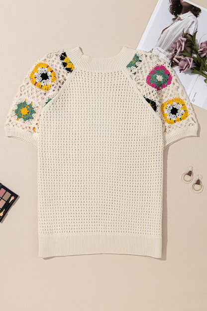 Apricot Hollow Out Floral Crochet Short Sleeve Crewneck Sweater