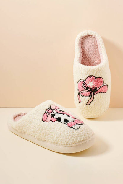 White Cowgirl Hat & Boot Printed Plush Thermal Home Slippers