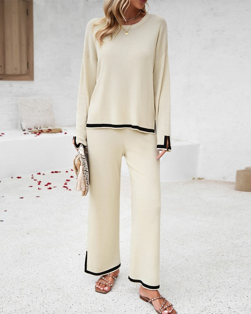 2PCS Round Neck Long Sleeve Slit Top & Straight Leg Pants Set