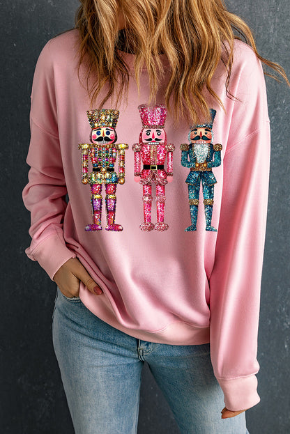 Pink Heat Transfer Printing Nutcracker Graphic Christmas Sweatshirt