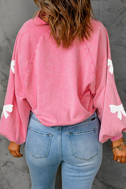 Pink Bow Pattern Snap Buttons Collared Pullover Sweatshirt