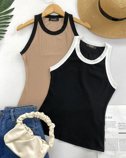 Contrast Binding Tank Tops Summer Sleeveless Basic Cami Top Shirt Slim Knit Ribbed Racerback Blouses