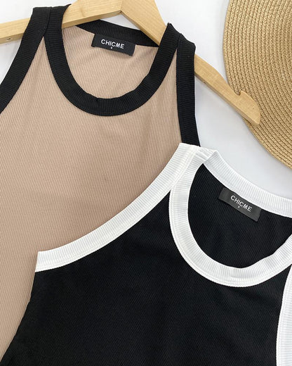 Contrast Binding Tank Tops Summer Sleeveless Basic Cami Top Shirt Slim Knit Ribbed Racerback Blouses