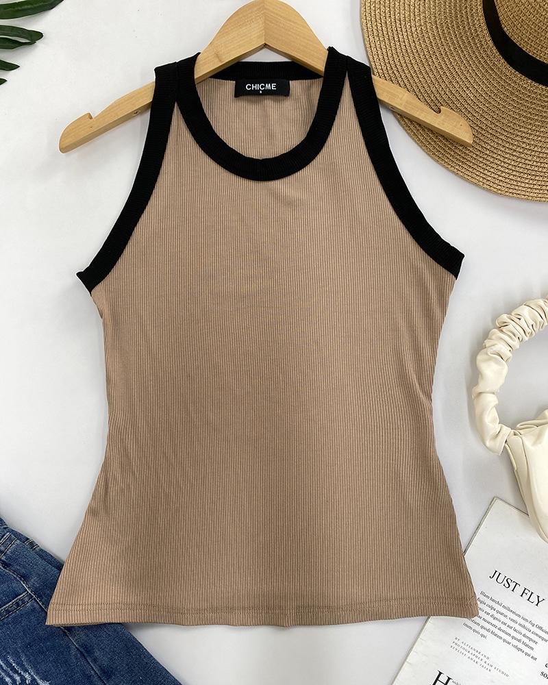 Contrast Binding Tank Tops Summer Sleeveless Basic Cami Top Shirt Slim Knit Ribbed Racerback Blouses