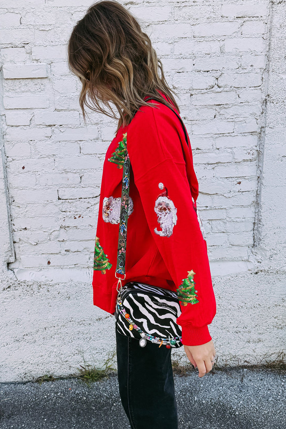 Red Santa Claus Christmas Tree Patched Pattern Drop Shoulder Sweatshirt