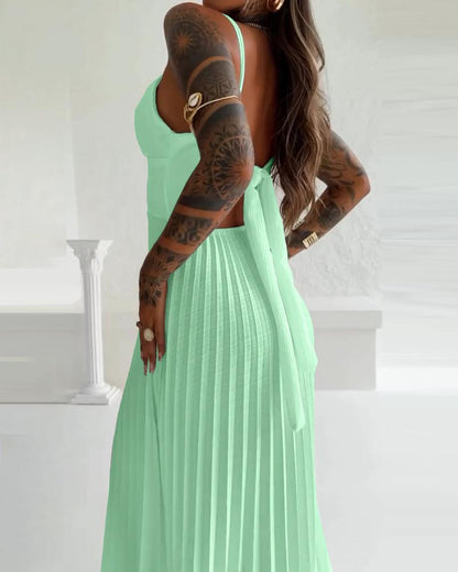 Bandeau Sleeveless Pleated Dress Elegant Flowy A Line Maxi Dress