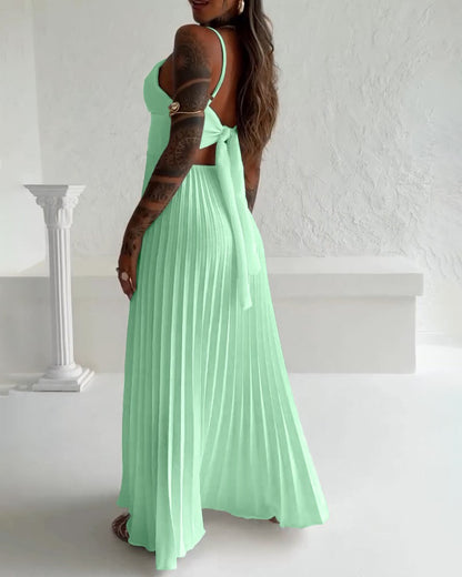 Bandeau Sleeveless Pleated Dress Elegant Flowy A Line Maxi Dress