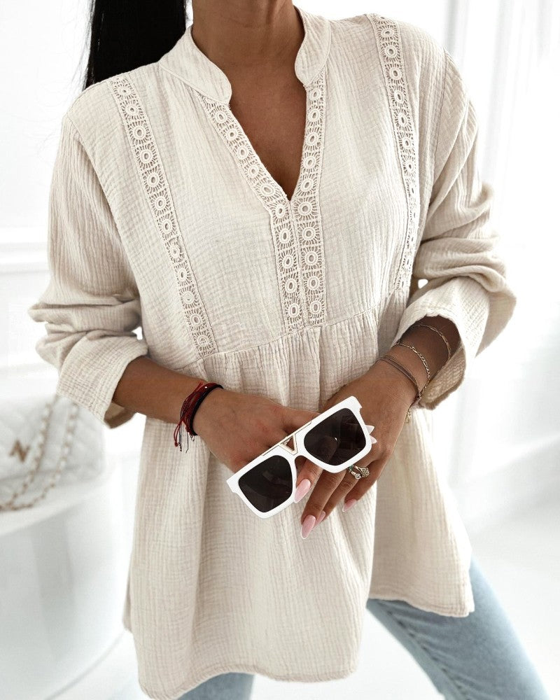 Notch Neck Long Sleeve Shirt Contrast Lace Loose Fit Casual Blouse