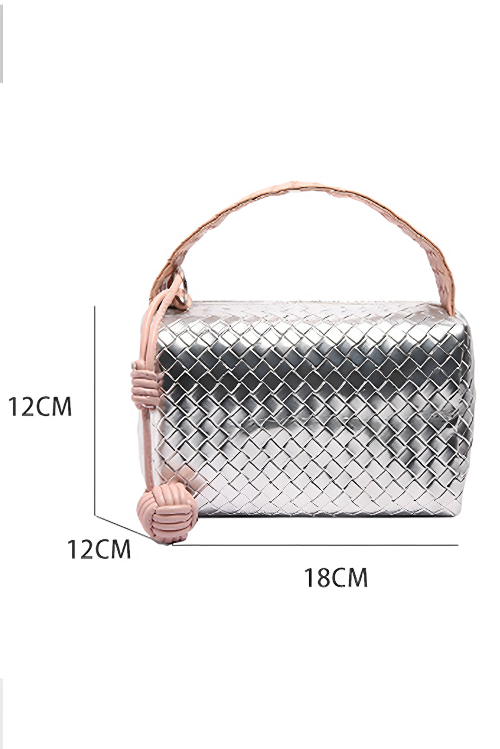 Silvery Lattice Texture Corded Ball Decor Weaven Handle Cosmetic Bag